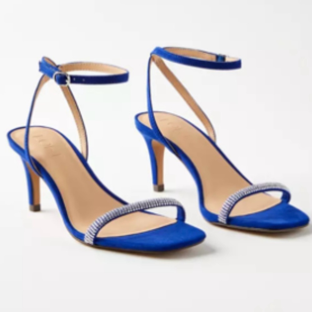 LOFT Cobalt Blue Ankle-Strap Heels with Rhinestone Front Strap